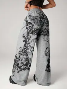 Retro Gothic Wing Ornate Print Wide Leg Sweatpants Elastic Waist Loose Casual Joggers Perfect For Streetwear, Y2K Grunge Style And Daily Casual Outings