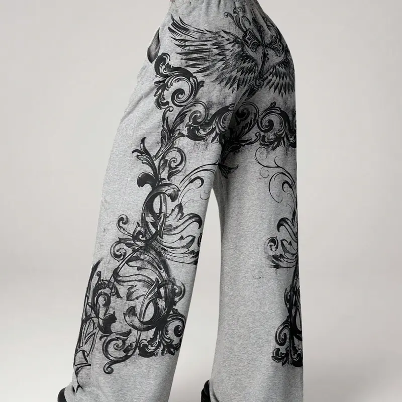 Women's Gothic Wing Scroll Print Wide Leg Sweatpants Elastic High Waist Loose Fit Casual Comfy Pocket Joggers with Side Pockets Casual Fashion Bottoms 2026 Streetwear Daily Trendy Going Out Stylish Viral TikTok Fashion Essential for Y2K & Grunge Outfits