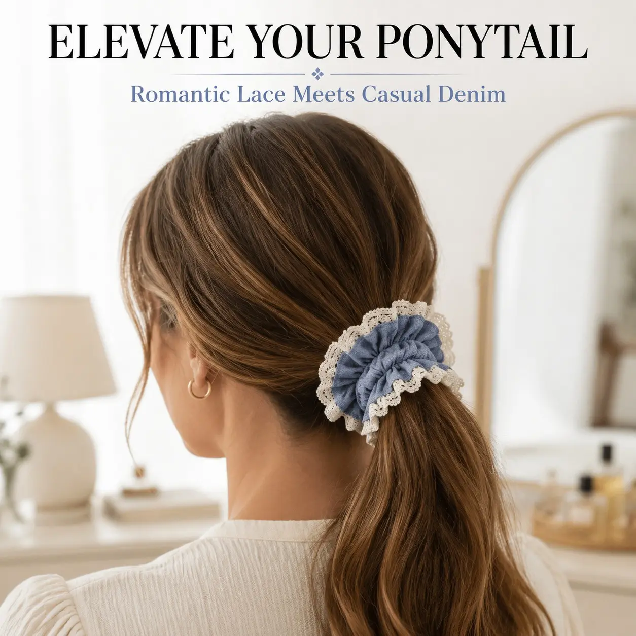 Indigo Blue Denim-Look Lace Ruffle Scrunchie, Oversized Soft Elastic Ponytail Holder, Vintage Romantic Hair Accessory for Women, 1Pc