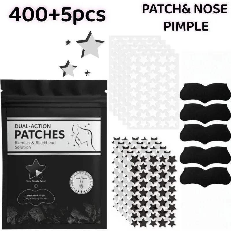 400+5Pcs Black and White Star Hydrocolloid Acne Pimple Patches and Black Nose Strips, 2-in-1 Facial Blemish Cover Set for Halloween Parties, Music Festivals, Photo Styling and Daily Skincare