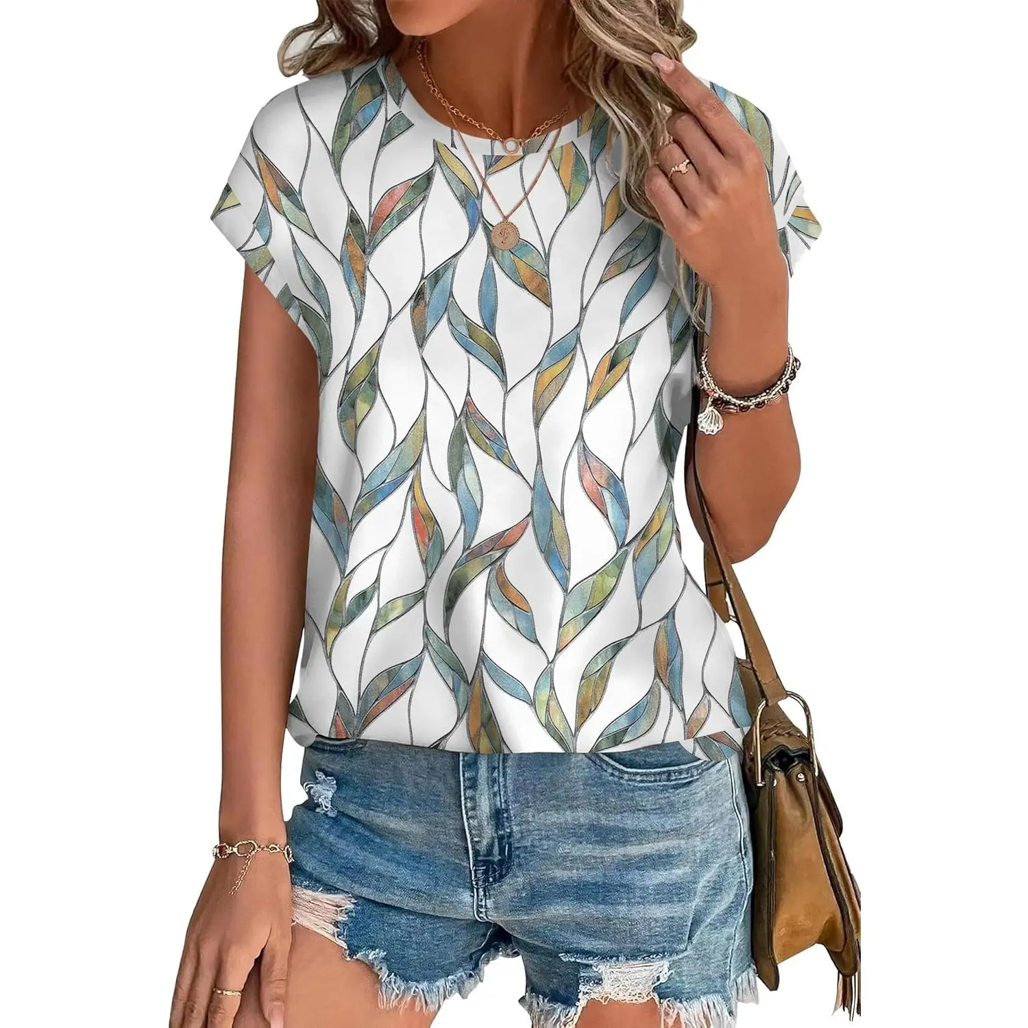 Women's Solid Color Short Sleeve Top, Dressy Casual Blouse with Cap Sleeves and a Curved Hem, Shortsleeve