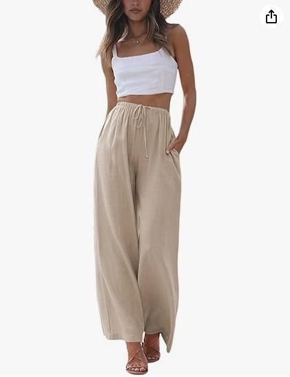 Women's Linen Loose Casual Pants with Pockets and Drawstring, Wide-Leg Trousers for Beach Vacation, Loose Fit, Plus Size, Comfortable