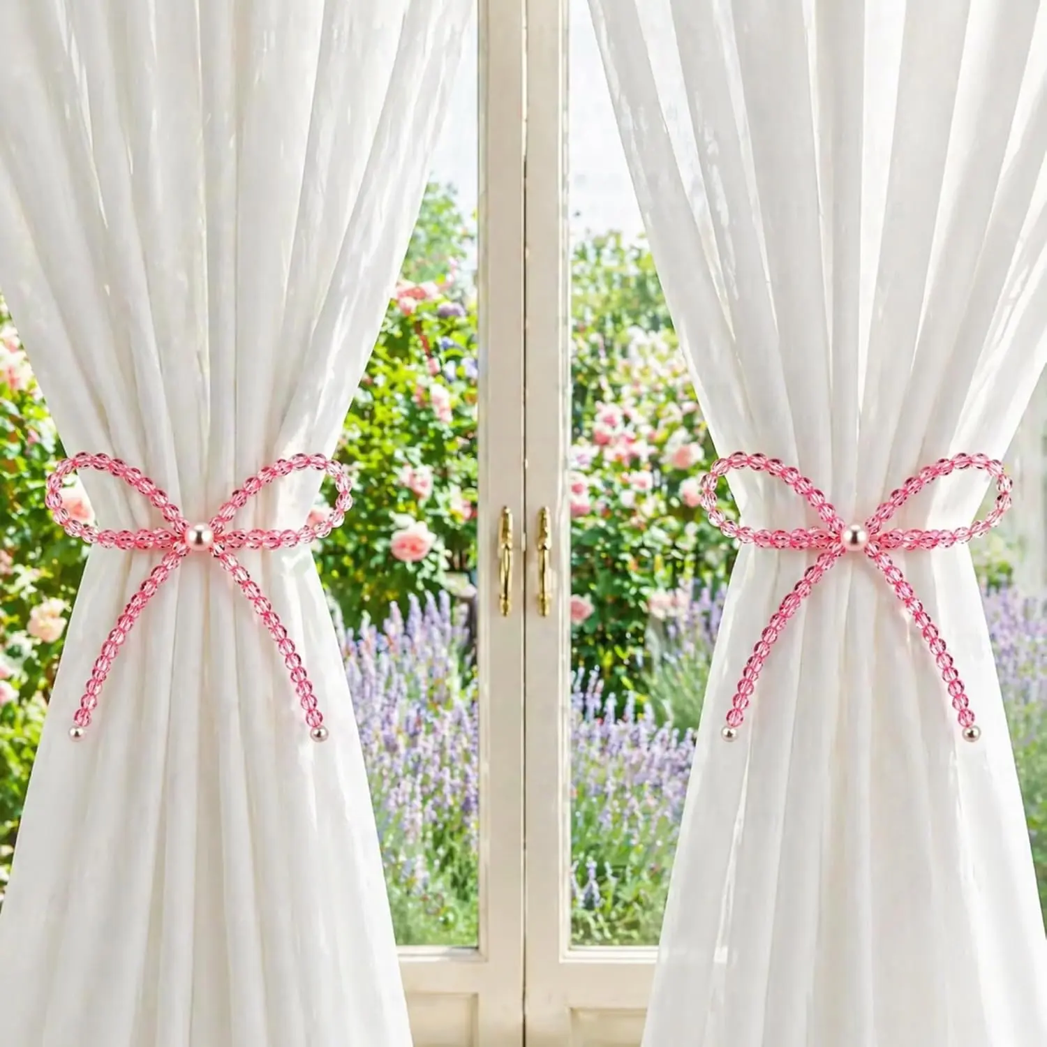 2 Pack   Bow  Curtain Tiebacks Beaded  Decorative Curtain Holders and Holdback Clips No Drill Beaded Drapery Holdbacks for Bedroom &  Room Decor