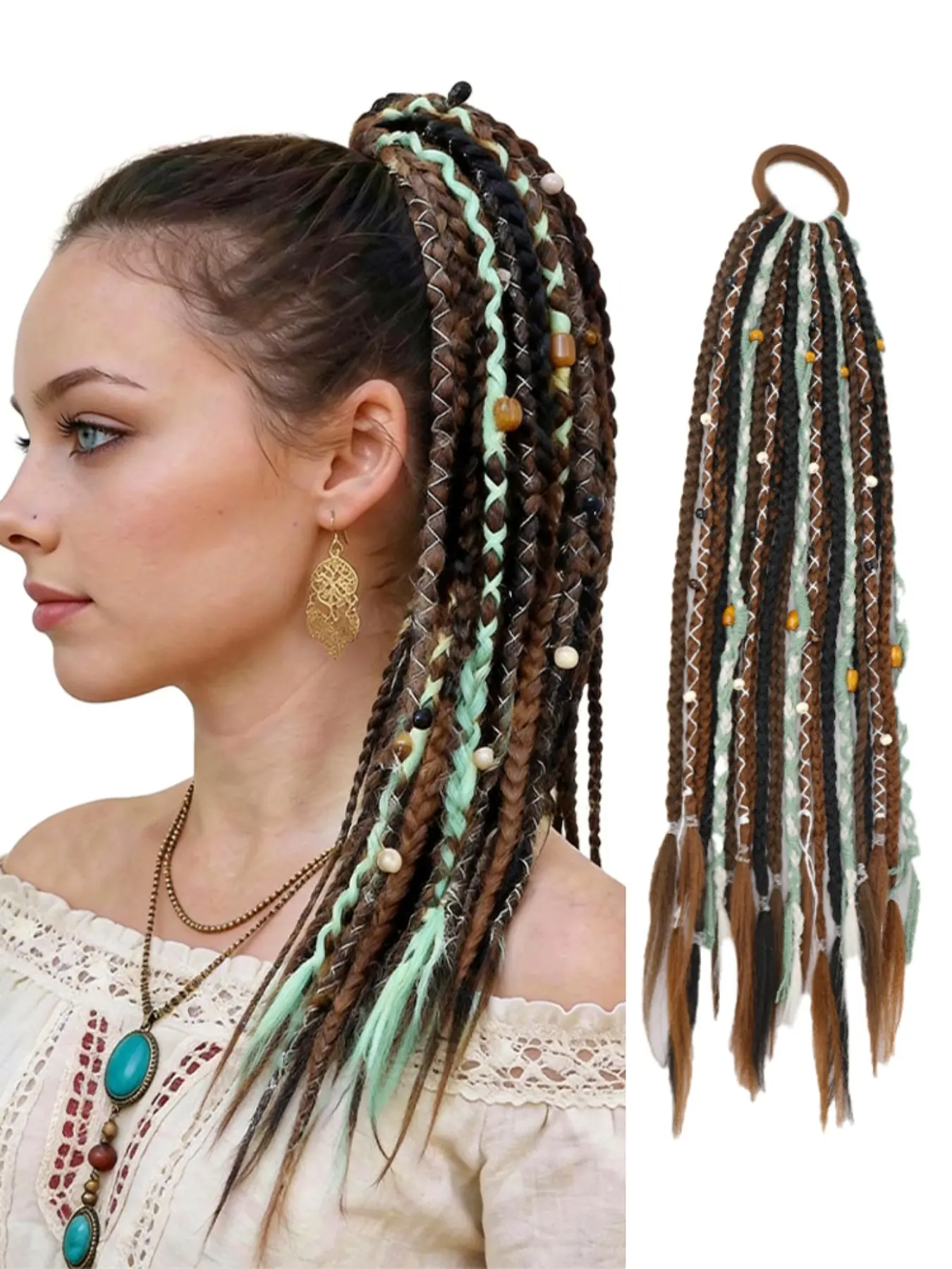 16 Inch Lightweight Boho Synthetic Bohemian Hair Braided Dreadlock Ponytail Extension, Viking Style Braid with Hair Tie, Beads Shells Decor, Festival Hair Accessory, Synthetic Extensions