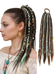 16 Inch Lightweight Boho Braided Dreadlock Ponytail Extension, Viking Style Braid with Hair Tie, Beads Shells Decor, Festival Hair Accessory