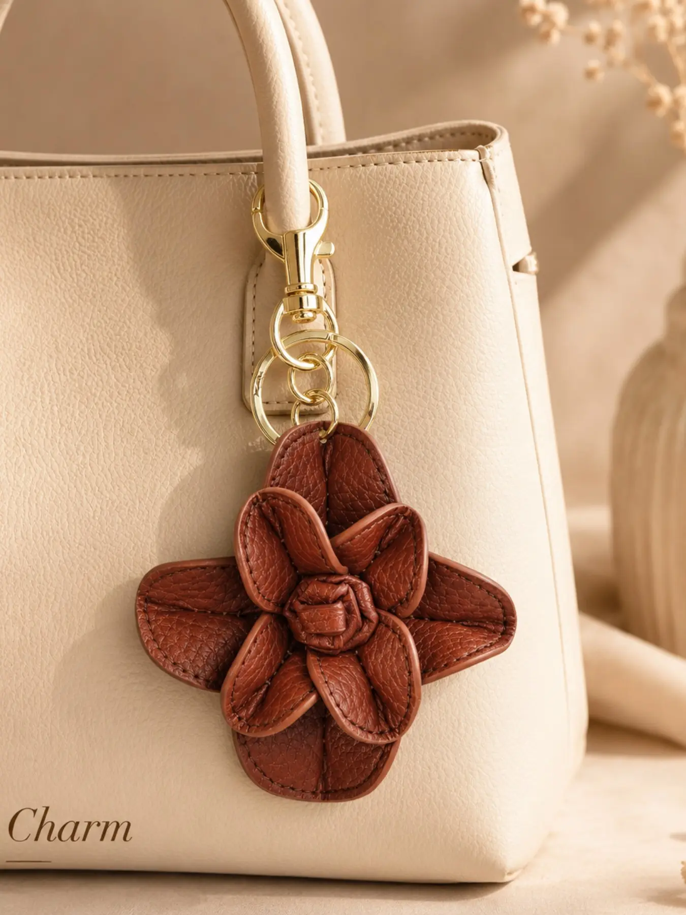 Fashionable Leather Flower Keychain, Stylish Car Camellia Backpack Key Holder, Elegant Bag Accessory, Trendy Key Ring, Keychain For Purse