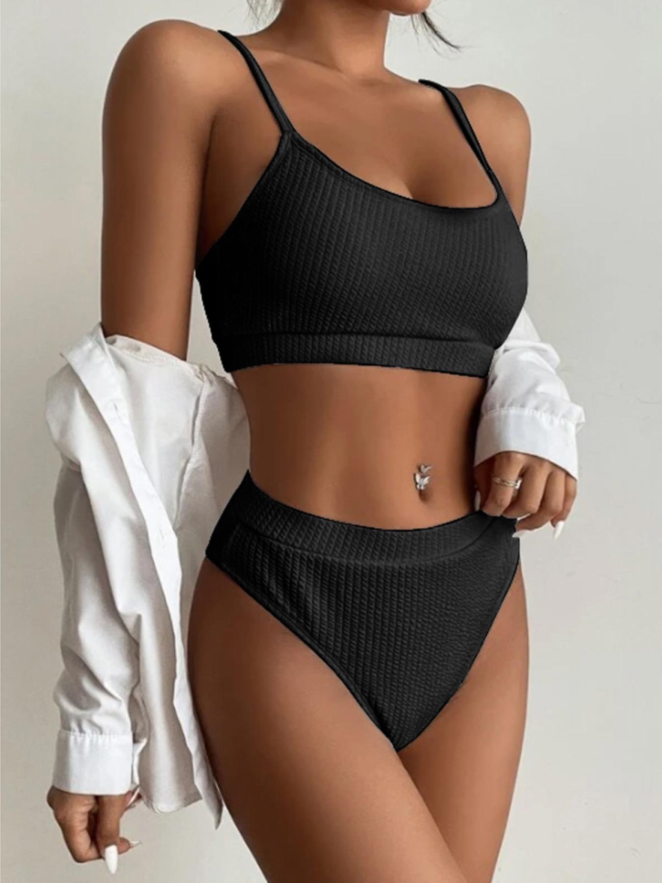 Women's Textured Bikini Set, Fashion Adjustable Strap Swim Top & High Waist Swim Bottom, Ladies Summer Clothes