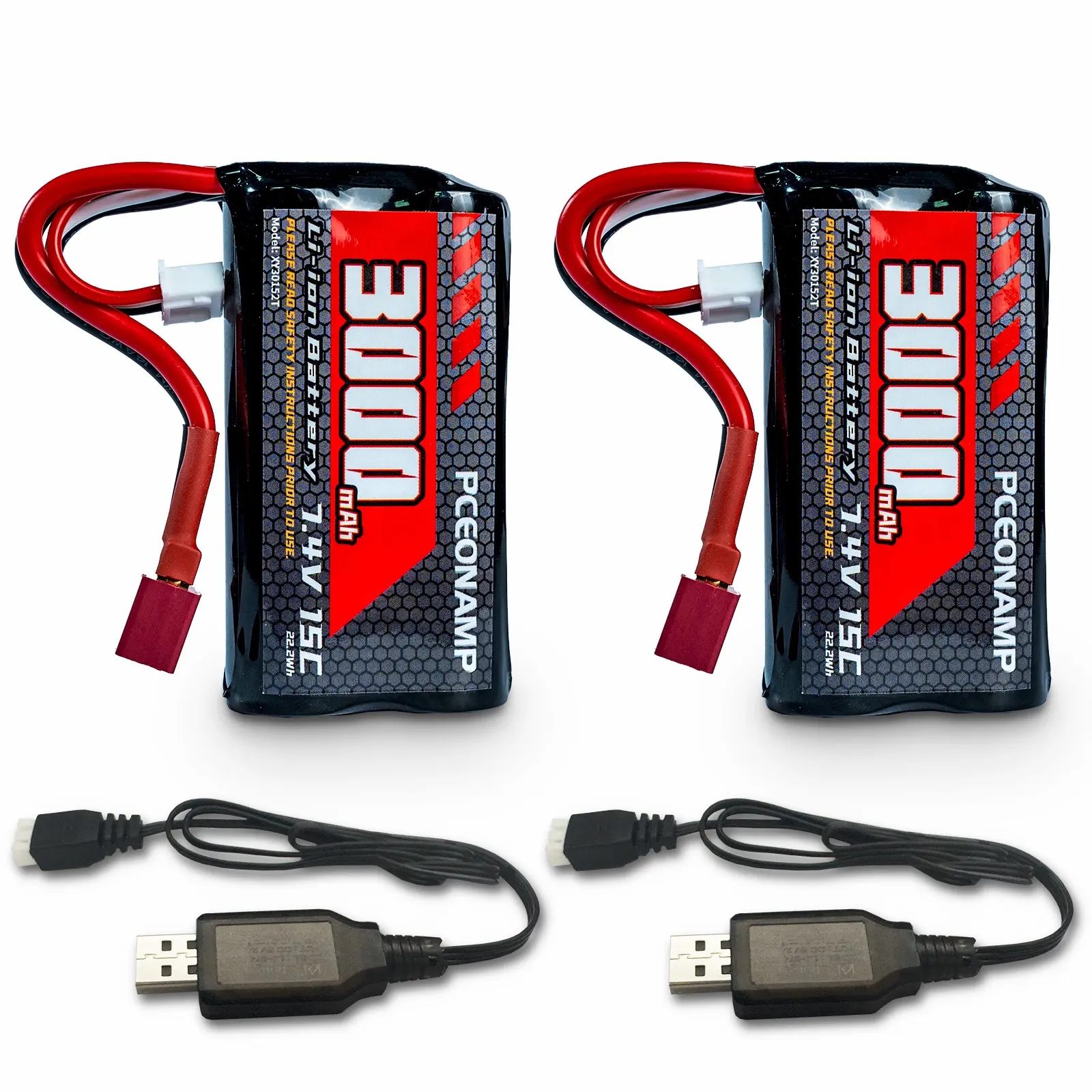 Pceonamp 7.4v Rechargeable Lithium Ion Battery 3000mah 2s T-Type Plug, Compatible with 1/12, 1/16, 1/18 RC Cars, Includes 2 Charging Cables