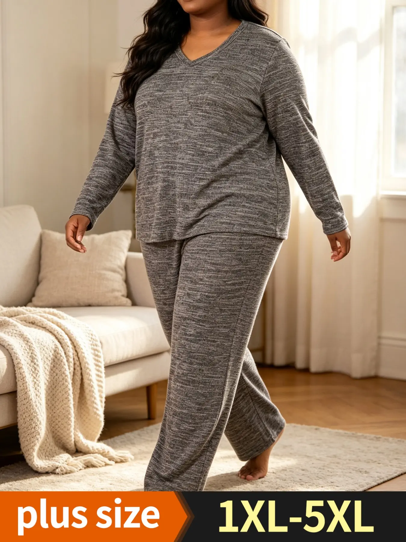 Plus Size Minimalist Plain Pajama Set, Elegant V Neck Long Sleeve Top & Pants, Fall Winter Home Wear, Sizes 1xl-5xl