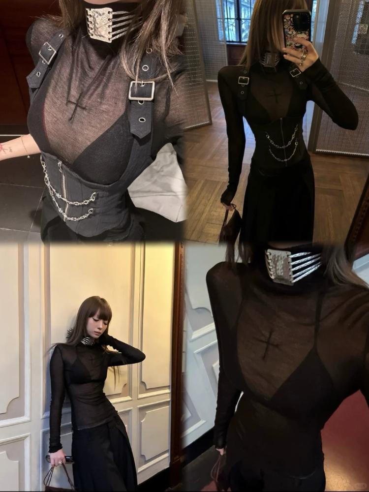 Autumn Gothic Spicy Girl Elegant Shirts Women  Zipper Design Vest + Retro Harajuku Blouse Female Chic Korean Popular Clothes