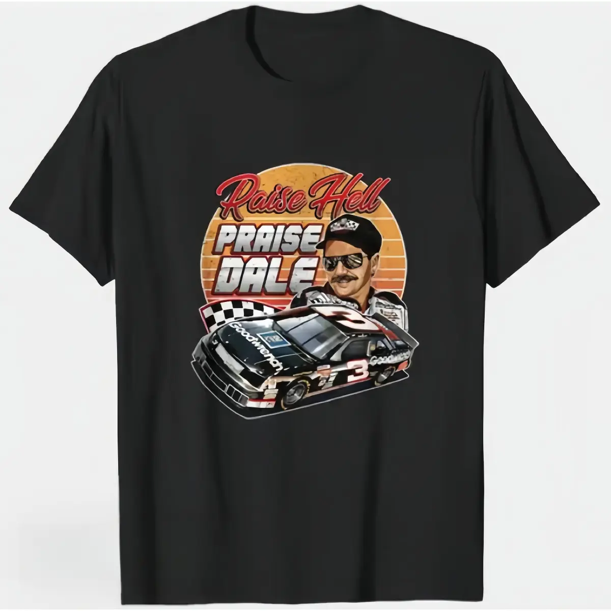 Unisex Classic Vintage Sunset Race Car Checkered Flag Motorsport Graphic Short-Sleeve Tee, Smooth Flat Premium Fabric Sports Top for Casual Wear