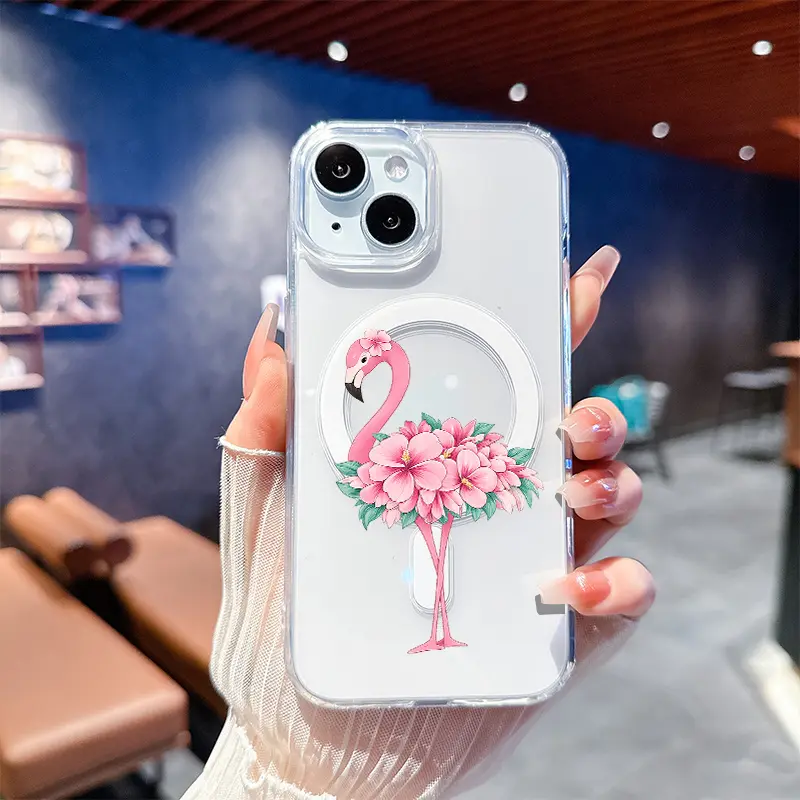 Phone Case: Flamingo Floral Beauty Tropical Flower Summer Vibes Hot Transparent Acrylic Magnetic HD Clear Shockproof Printed Phone Case for iPhone 17 E Air Pro ProMax iPhone16 15 14 Plus 13 12 11 X XS XR Series Full Models Great Gift