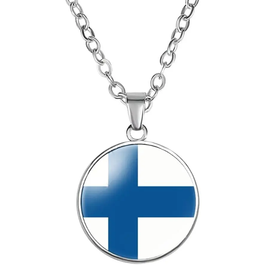Finland Flag Motif Alloy Glass Necklace, Modern Inlaid Surface Alloy Jewelry for Men, Suitable for Casual Wear