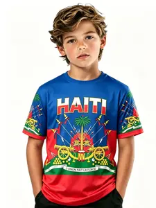 Haiti Emblem Short Sleeve T-Shirt, Boy's Patriotic Haiti Flag Top, Unity Is Strength, Summer Casual Clothing