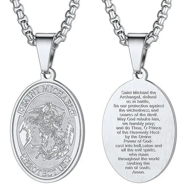 Saint Michael Archangel Pendant Necklace - Stainless Steel Protection Faith Medal Jewelry, Unique Long Chain Religious Amulet Gift for Men, Daily Wear Fashion Accessory