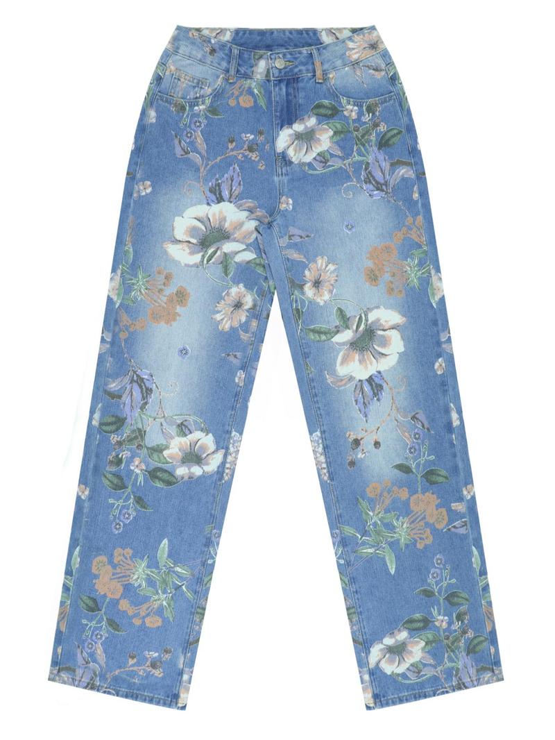 NVFelix High-Rise Vintage Floral Straight Leg Pants for Women Summer Casual Denim Pants Denim Clothing