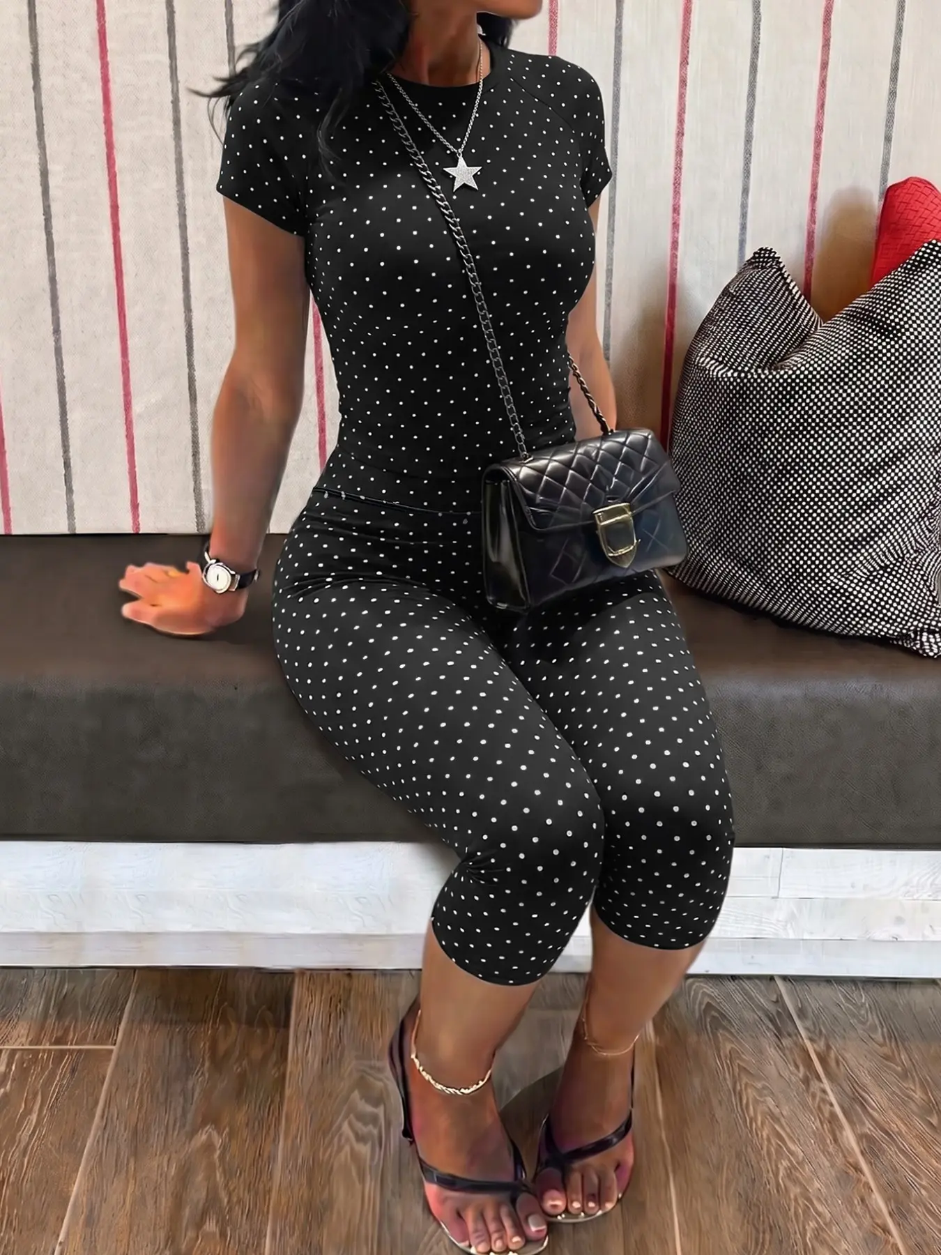 Women's Polka Dot Yoga Set, Round Neck Short Sleeve High Waist Capri Pants, Sporty Fitness for Daily Commute, Gym Workout, Pilates, Sport Casual Outfit