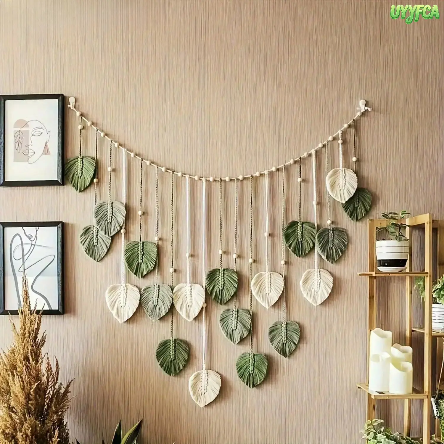 Handmade Two Tone Leaf Macrame Wall Hanging with Wood Bead Accents, Curved Horizontal Woven Tapestry with Tassel Leaf Pendants, Boho Sage Green Cotton Fiber Art, Rustic Apartment Friendly Wall Decor for Living Room Bedroom Wedding Backdrop,Summerwins
