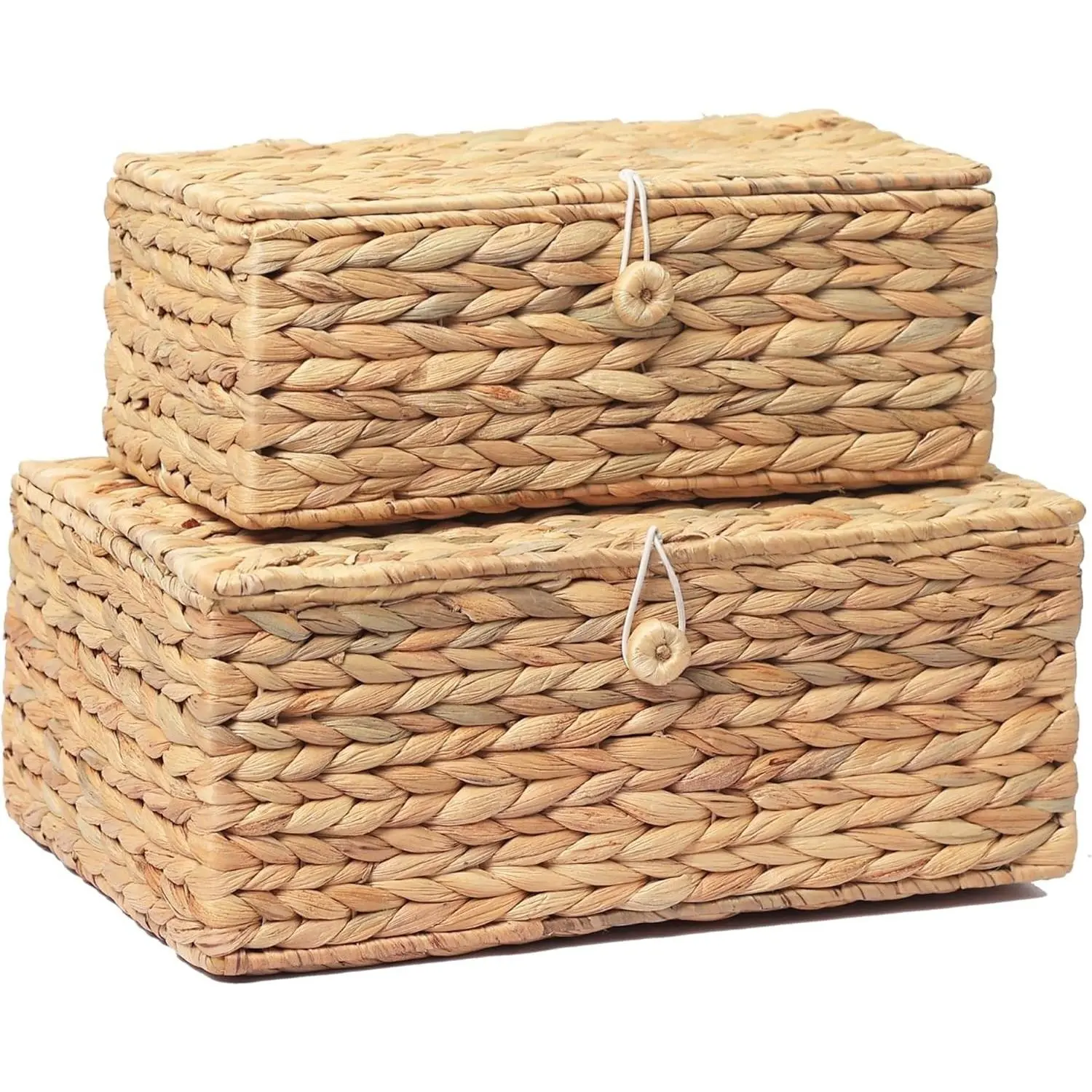 Set of 2 Rectangular Wicker Storage Bins with Lids, Rattan Decorative Baskets, Multipurpose Organizer Display Boxes for Shelves, Boho Home DecorationGift