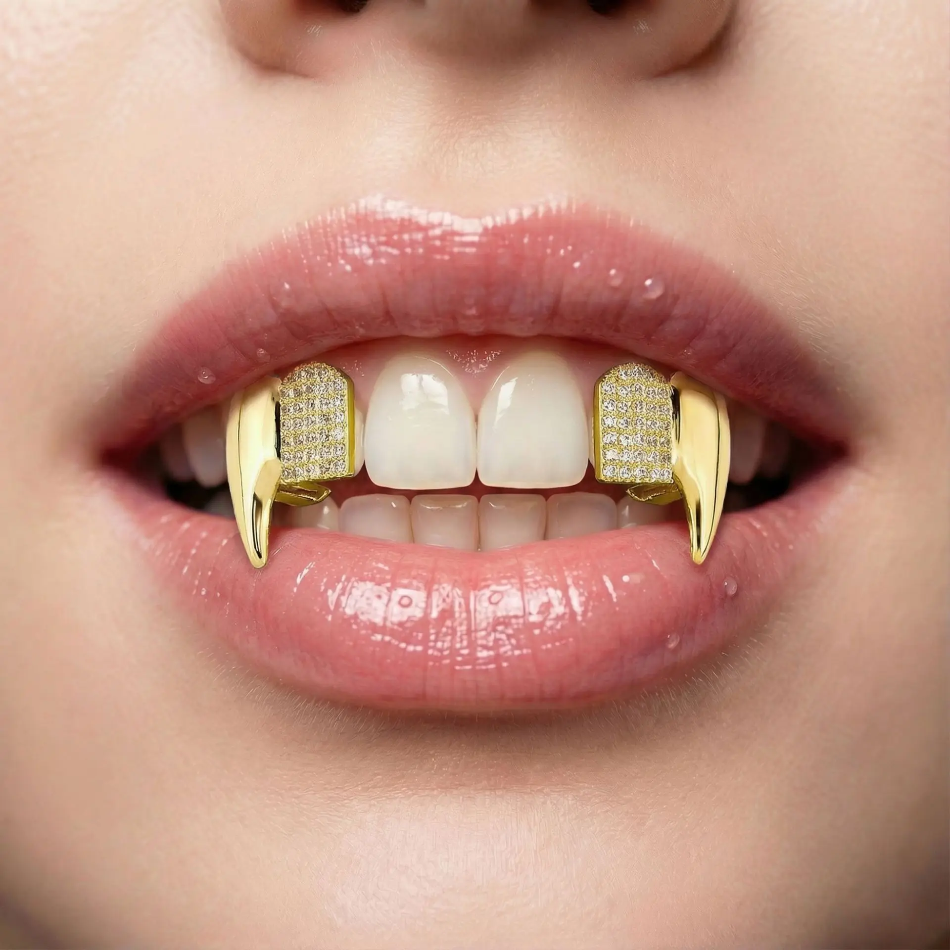 Hiphop Gold Vampire Fangs Grillz Top Teeth Grills, Iced Out Diamond Rhinestone Tooth Caps, Halloween Cosplay Rapper Jewelry, 18K Gold Plated Hip Hop Accessories for Men Women Party Costume