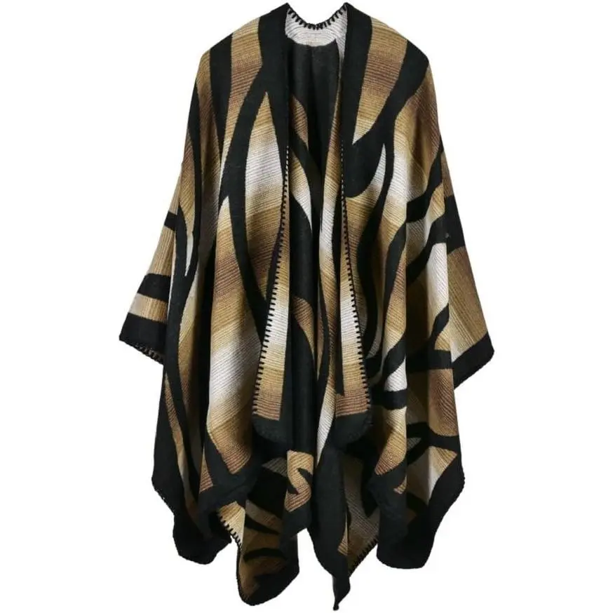 Women's Winter Wrap Blanket Poncho Cape Shawl Cardigans | Soft pashmina cape wrap, geometric print & neat stitched . Warm poncho in 5 colors for winter travel daily wear.