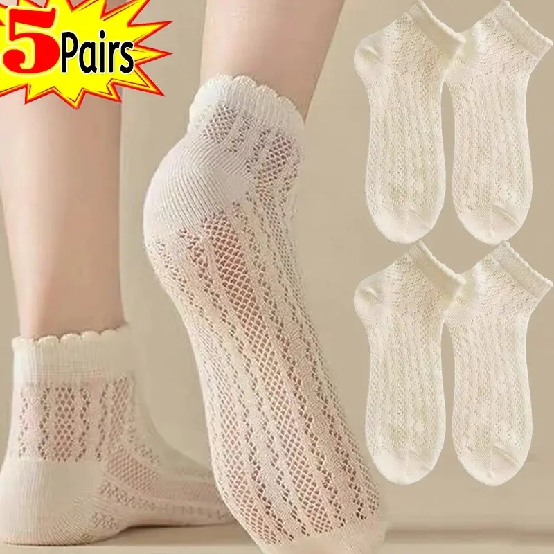 Ladies' 5Pairs Polyester Soft Hollow-Out Mesh Thin Breathable Low-Cut Ballet Ankle Socks - Seamless, Stylish, Elegance, Activewear for Daily Sports Outfits