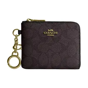 COACH Corner Zip Wallet for Women – Printed Coated Canvas and Smooth Leather, Golden Walnut Black