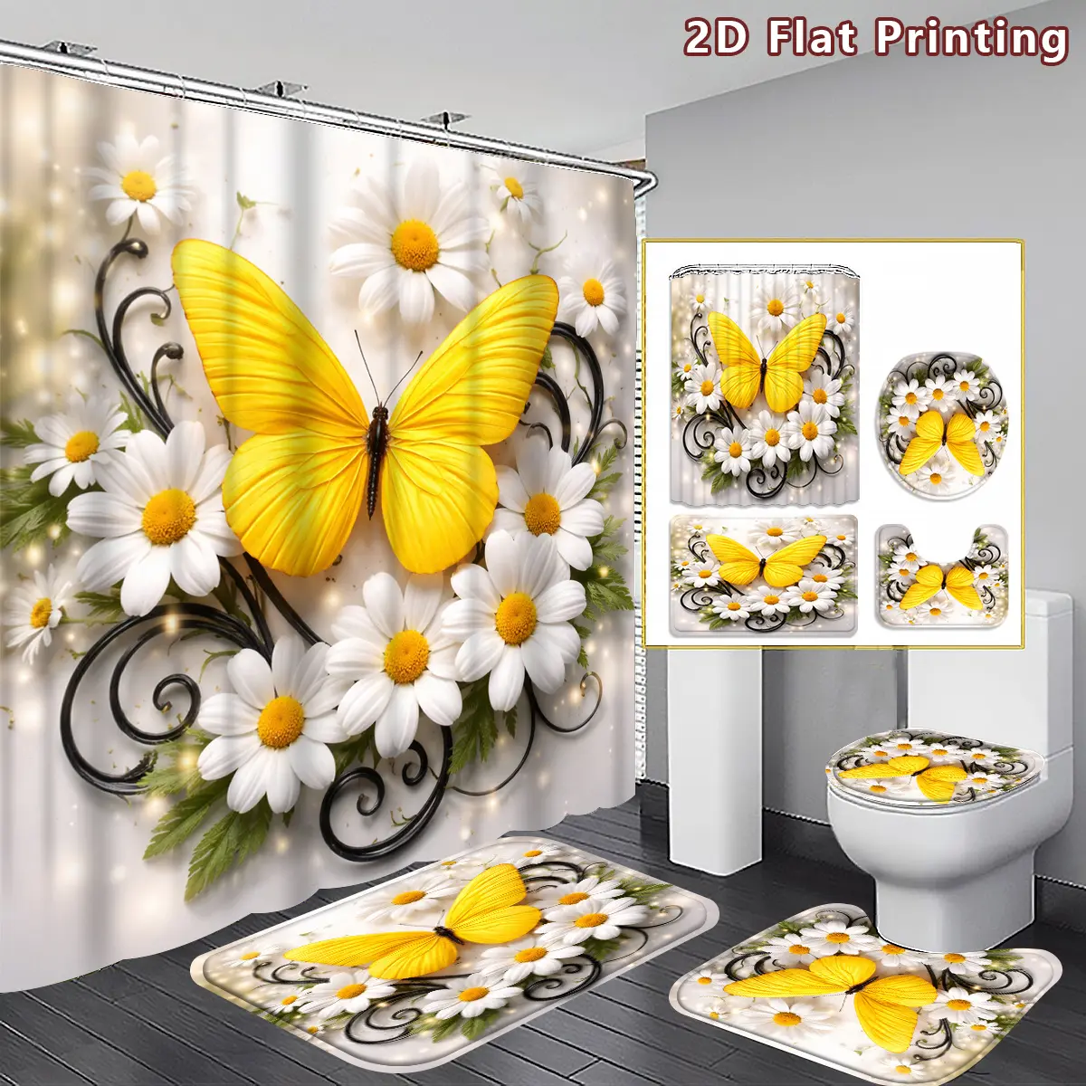 Yellow butterfly and daisy shower curtain set (4-piece set), white daisies with yellow butterfly bathroom decoration, U-shaped addition, toilet cover, shower curtain with hook, floral butterfly aesthetics, Shower Curtain Set For Bathroom