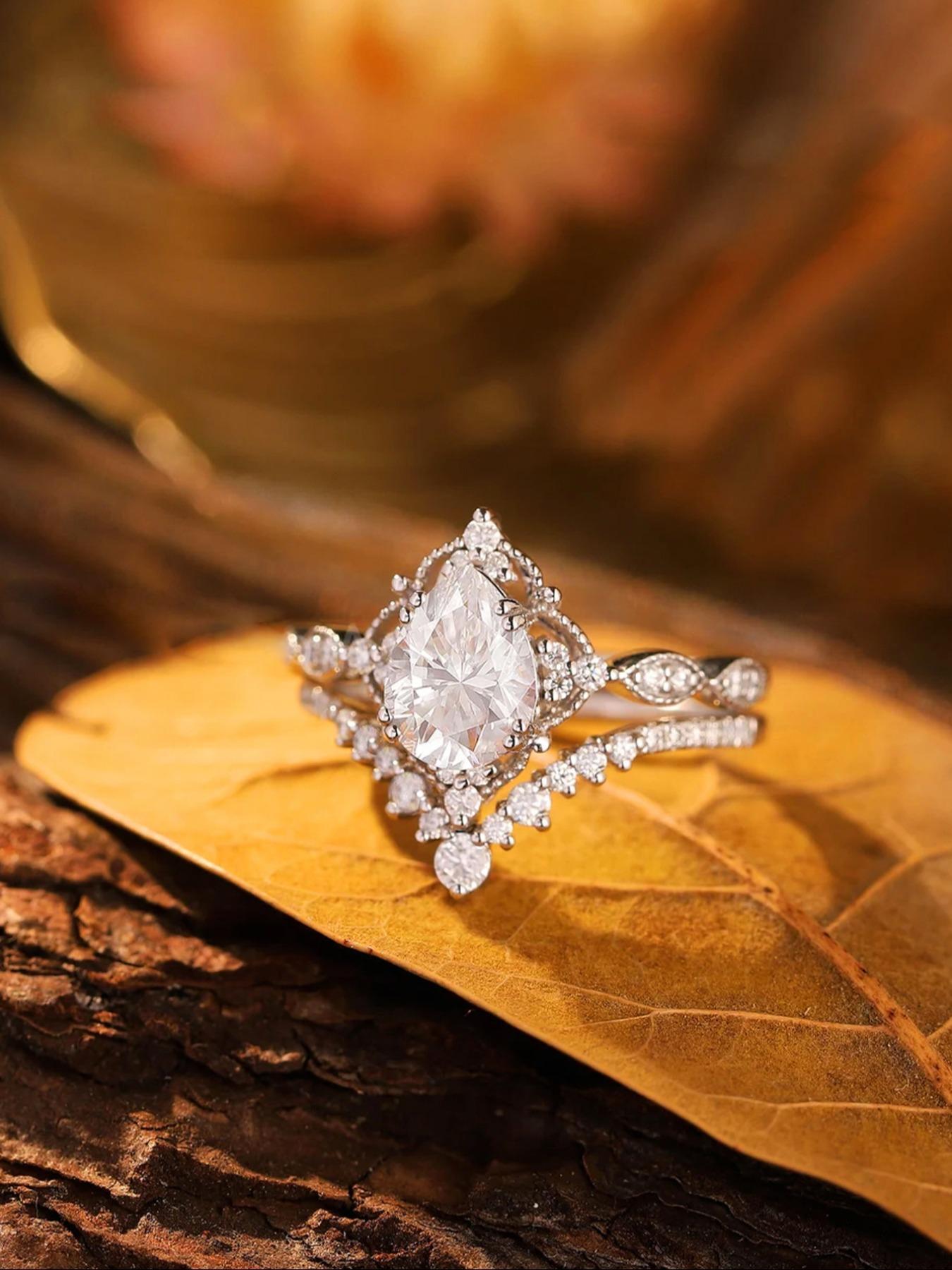 Women's 925 Silver Ring Set, Elegant Floral Design, Artificial Zircon Inlay, Casual Jewelry Gift Box, Engagement Wedding Rings, All Season Wear