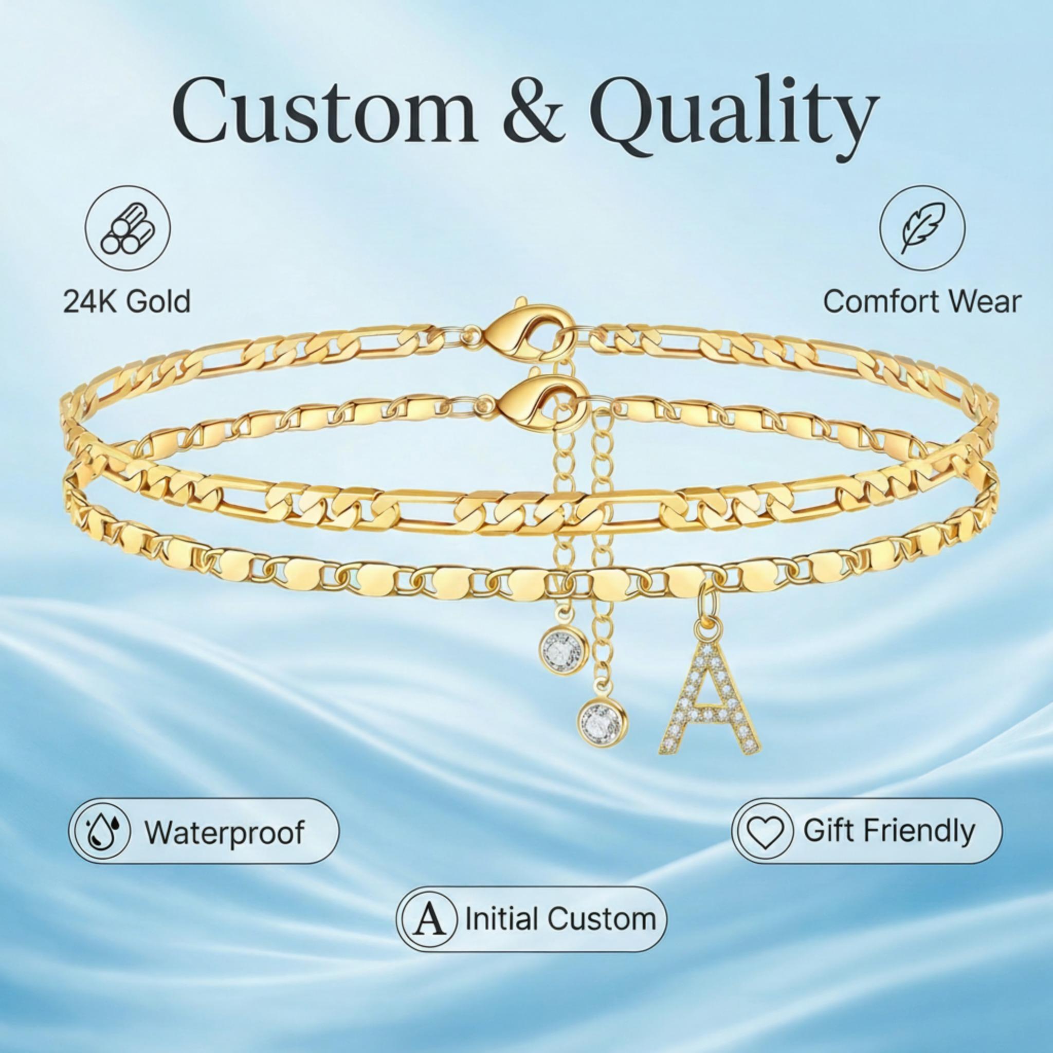 Letter Layered Ankle Bracelets for Women Dainty Chain Initial Pendant Anklets Set Hypoallergenic A-Z Gifts for Girls Trendy Adjustable Size Waterproof Costume Accessories