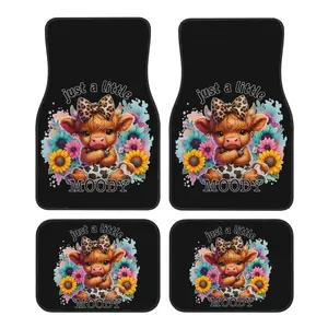 4-Pack Printed Just a Little Moody Highland Cow with Leopard Print Car Floor Mats, Universal All-Weather Pet-Friendly, Ideal Car Accessory Gift