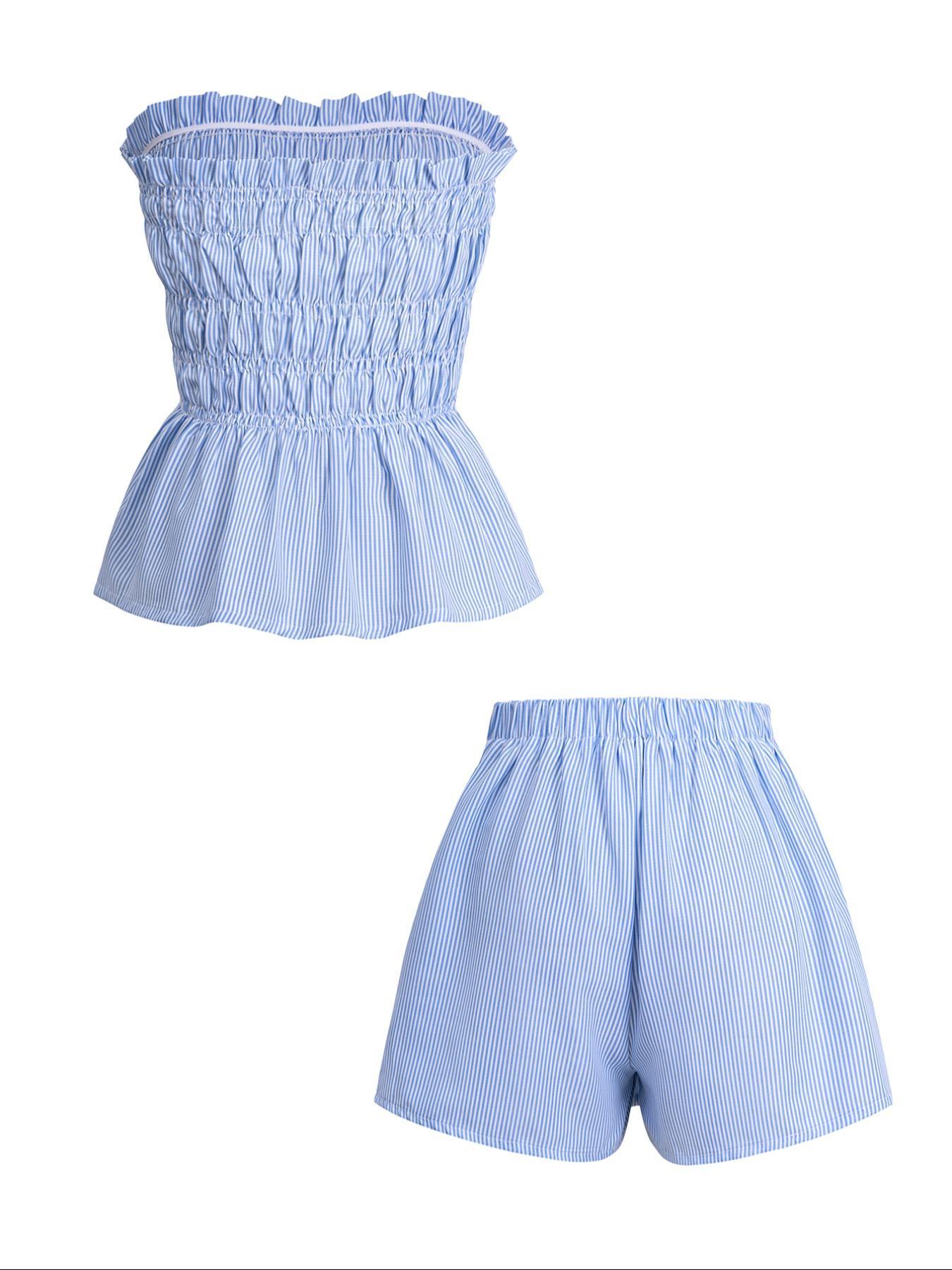 Two-piece Set Women's Striped Print Tube Top & Shorts Set, Casual Strapless Top & Shorts for Daily Wear, Ladies Clothes for Summer Outfit