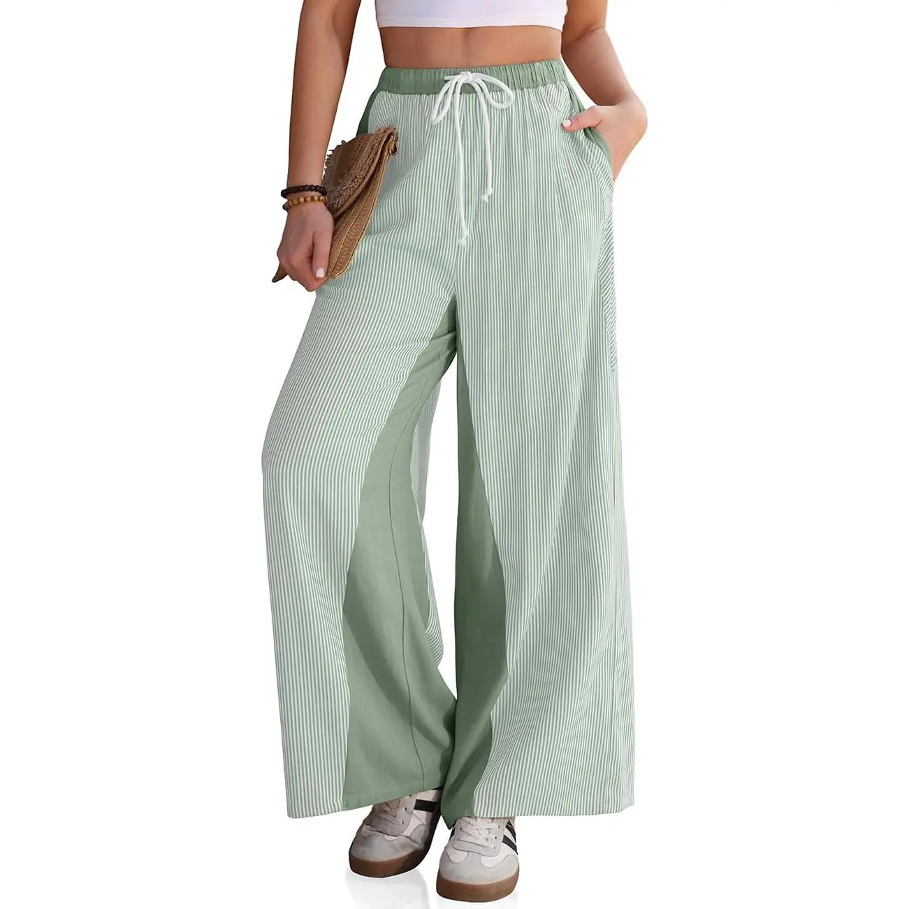 Women’s Linen Striped Wide Leg Pants - Casual Loose-Fitting Boho Summer Pants with Drawstring Elastic Waist, Seam Pockets