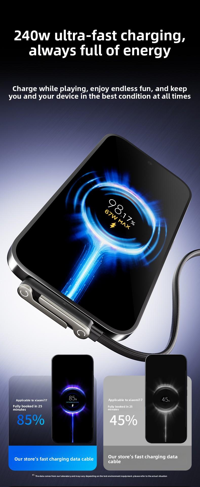 Creative Party gifts Zinc Alloy Bracket Data Cable Suitable for Apple and Samsung Dual Type-C Fast Charging CableInvisible Stand Type-C Charger Cable, 240W Super Fast Charging 2-in-1 Charging Cord & Phone Holder for Gaming, Office, Car Travel – Black