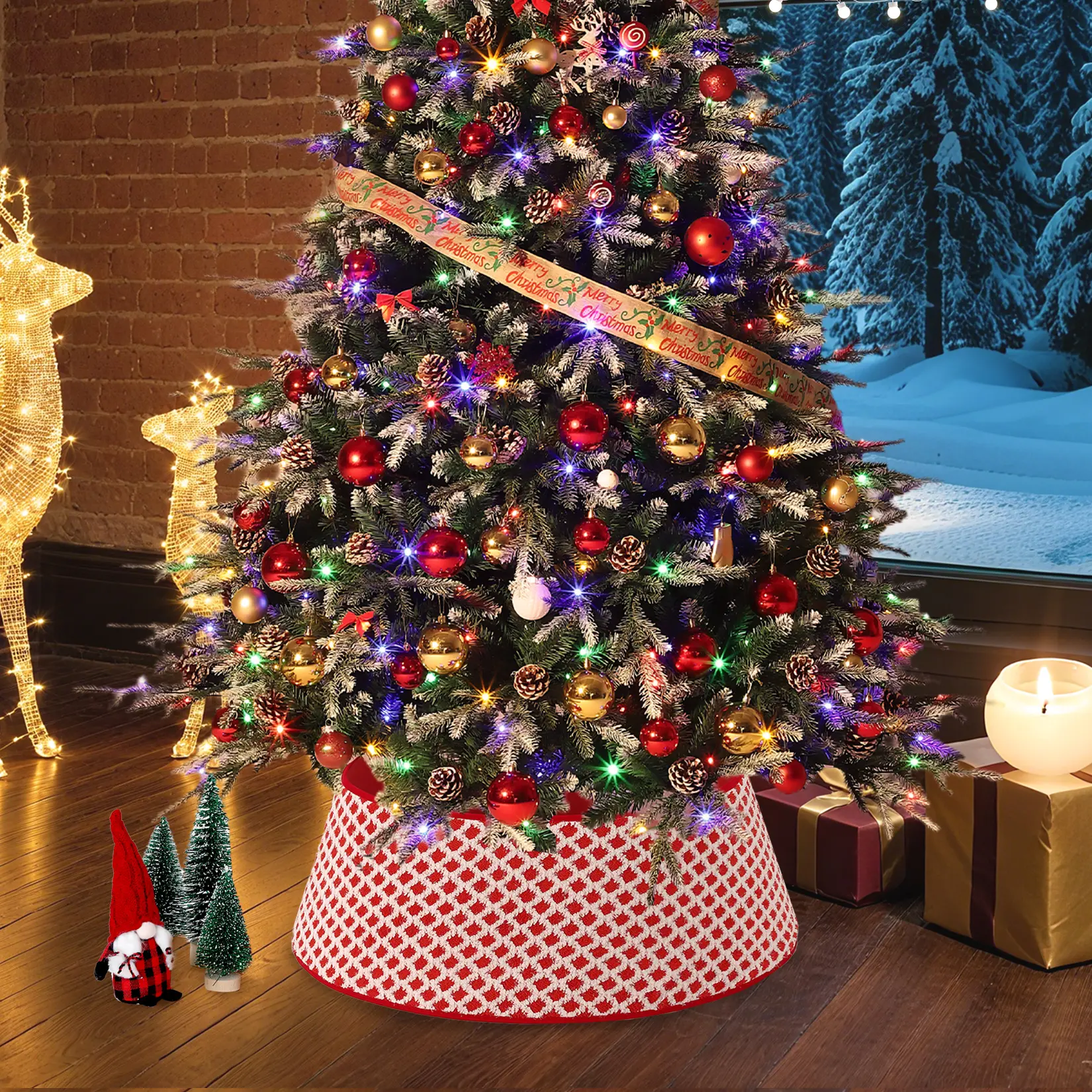Soft Diamond-Grid Christmas Tree Collar – 33-Inch Round Stand Base Cover with 2 Matching Clips, Elegant Holiday Skirt for Festive Home Décor