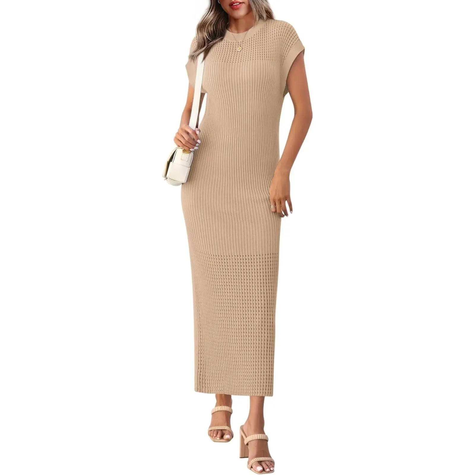 Yousify Womens Ribbed Knit Dress 2026 Casual Spring Summer Cap Sleeve Crewneck Trendy Maxi Dresses