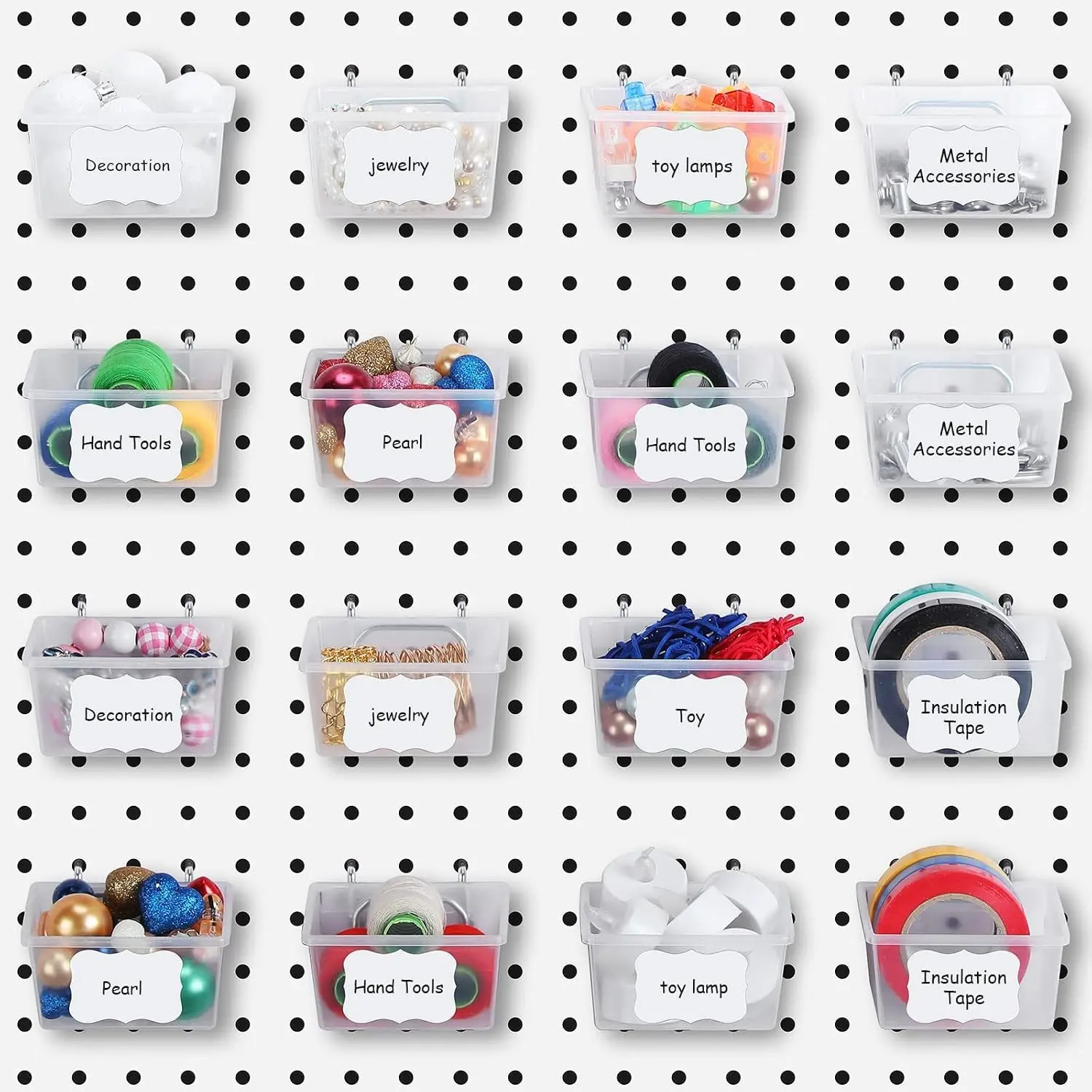 16 Set Clear Pegboard Bins Baskets with Hooks Sticker Label Pen