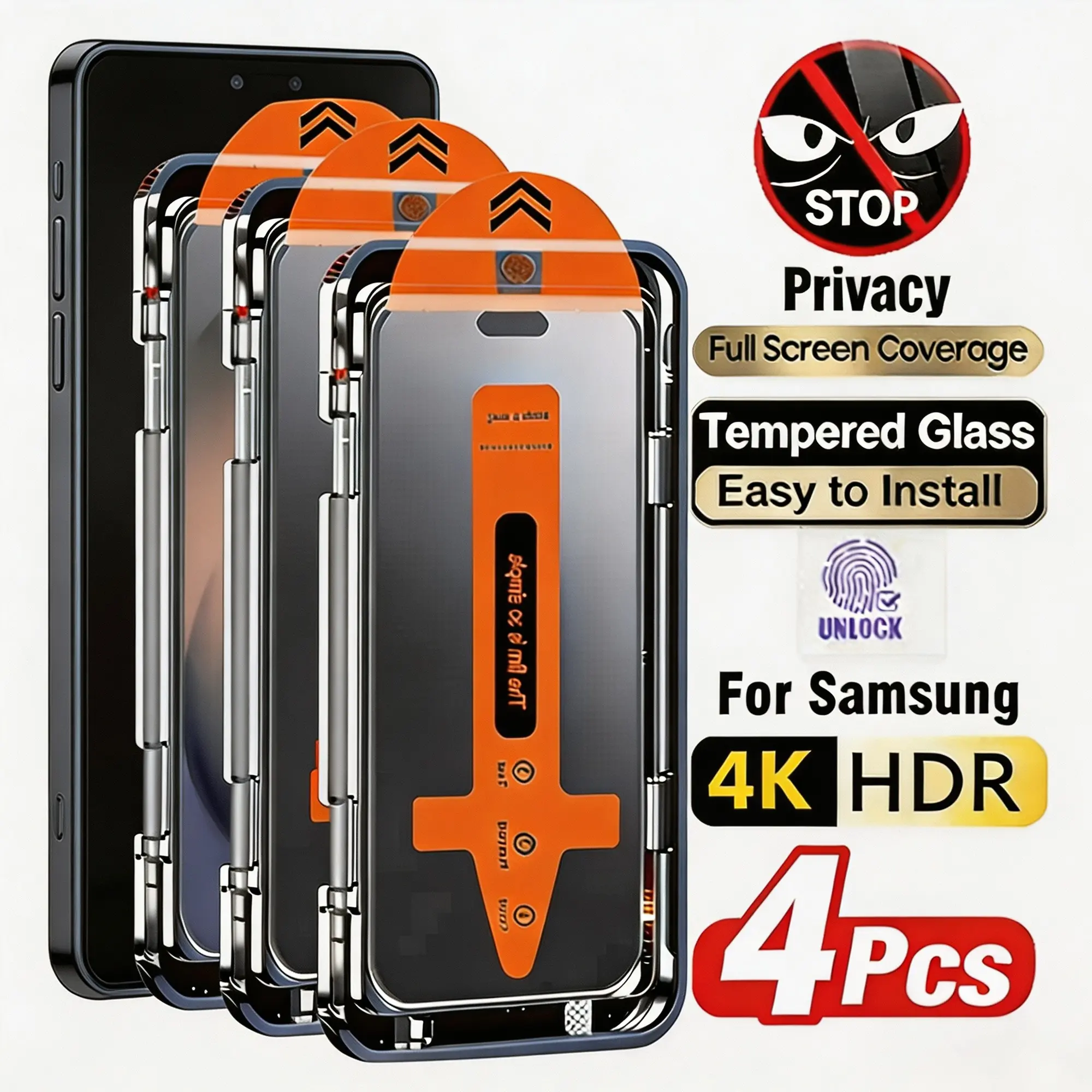 Four-Pack Anti-Spy Tempered Glass Film for Samsung S21/s22/s23/s24/s25/s26 Plus/ultra, 4K HD, Auto Dust Removal, Installation, Privacy Protection