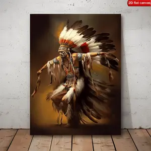 Native American Indian Dance Framed Canvas Wall Art - Hand-Painted-Look Tribal Dancer Painting with Headdress, Waterproof Textured Print & Wooden Frame - Southwest Cultural Decor for Home, Office - Easy-Clean Durable Gift for Native American, 2D Flat