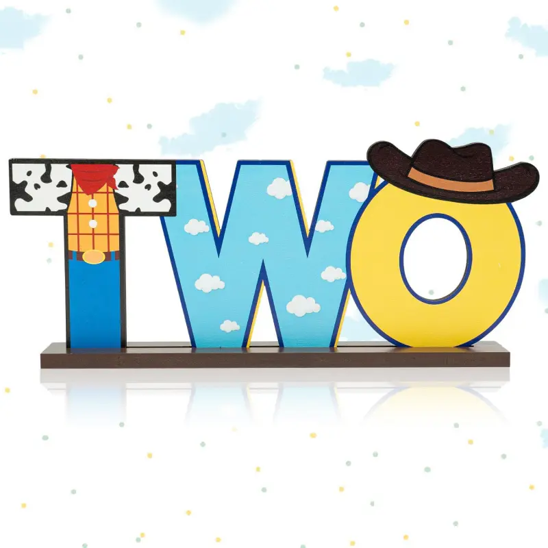 Toy-inspired two-letter logo wooden centerpiece, cowboy 2nd birthday party table decorations photo props suitable for baby boy cartoon theme second decoration supplies, CK-Toys two-piece centerpiece