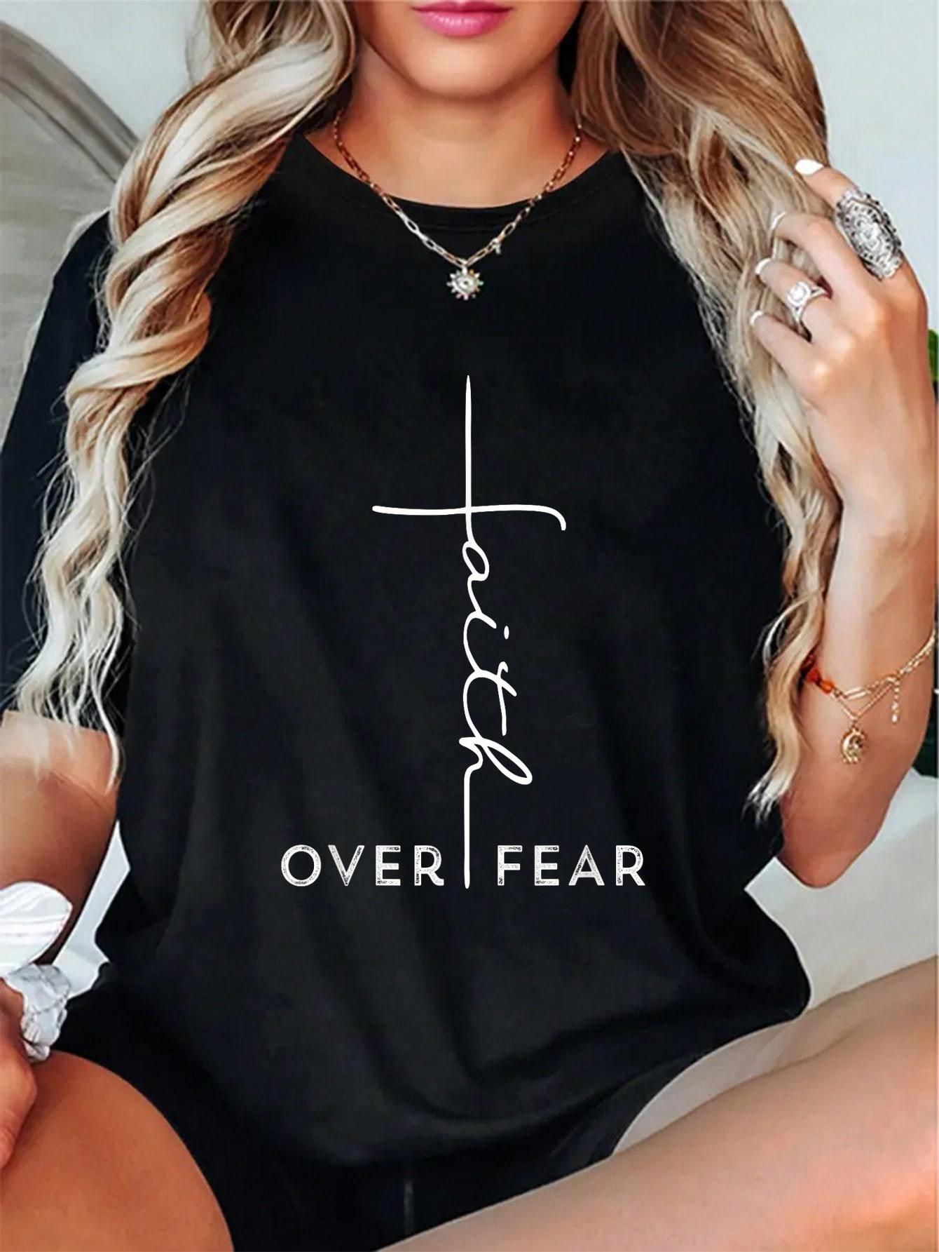Faith Over Fear T-Shirt Cool Christian Gift For Women Men Round Neck Short Sleeve T-Shirt Women's Men's Graphic Tee Casual Tops