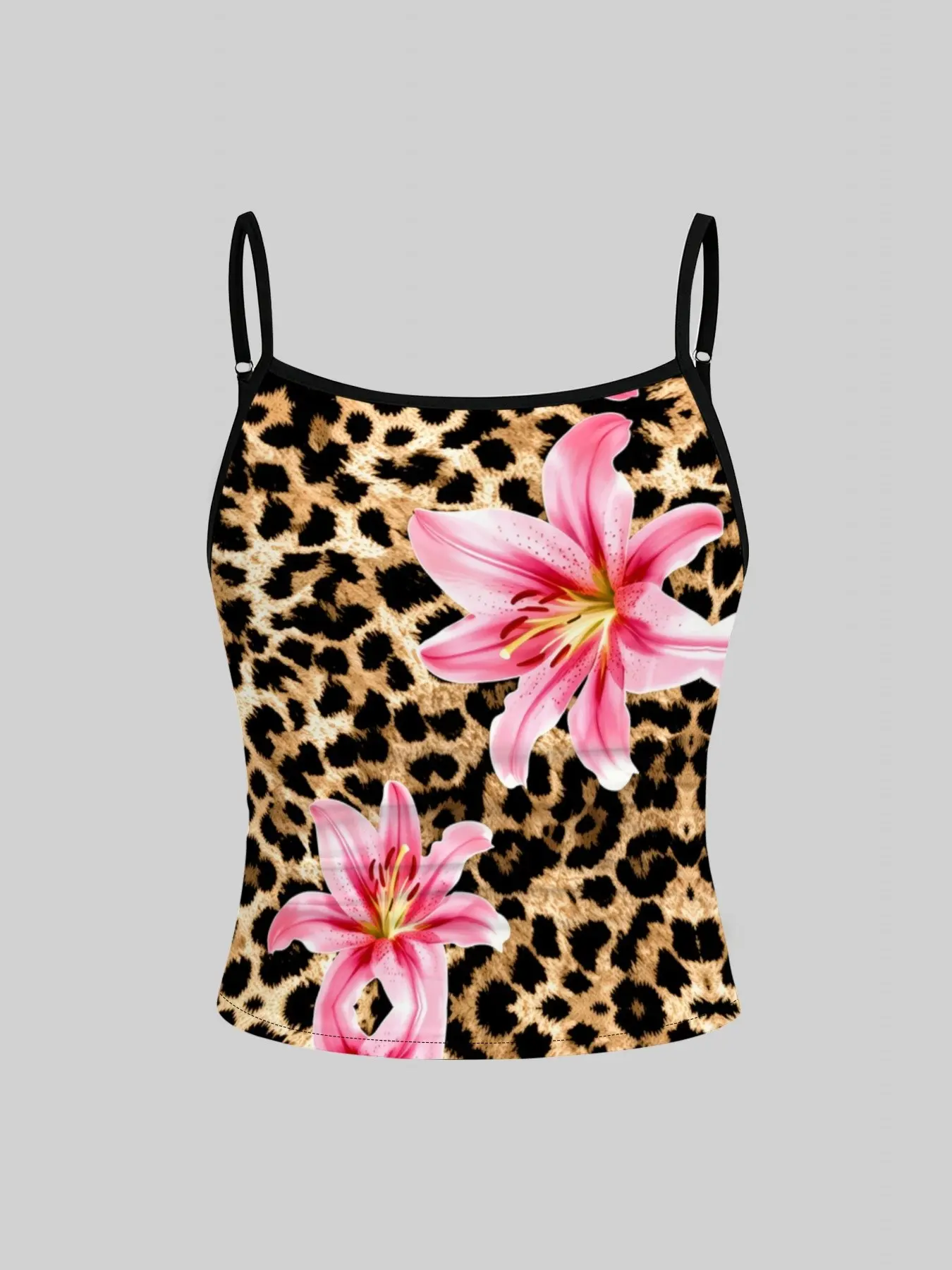 1 Piece Kid Girls Sleeveless Leopard Pattern & Pink Lily Floral Print Camisole, Black Edge Adjustable Strap Ruched Waist Slim Fit Crop Tank Tops, Retro Y2K Trendy Sweet Cool Summer Clothes for 2-10Y Girls Daily & Seaside Wear