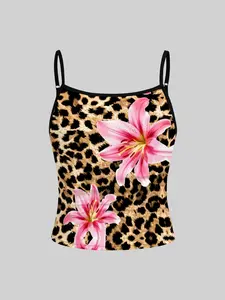 1 Piece Kid Girls Sleeveless Leopard & Pink Lily Floral Print Camisole, Black Edge Adjustable Strap Ruched Slim Fit Crop Tank Tops, Retro Y2K Sweet Cool Summer Clothes for 2-10Y Girls Daily & Seaside Wear