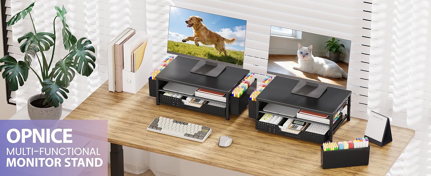 OPNICE Desk Organizer and Accessories, 2-Tier Computer Monitor Stand Riser with Drawer and 2 Pen Holders, Laptop Stand, Office Desk Accessories for Office Supplies, Black
