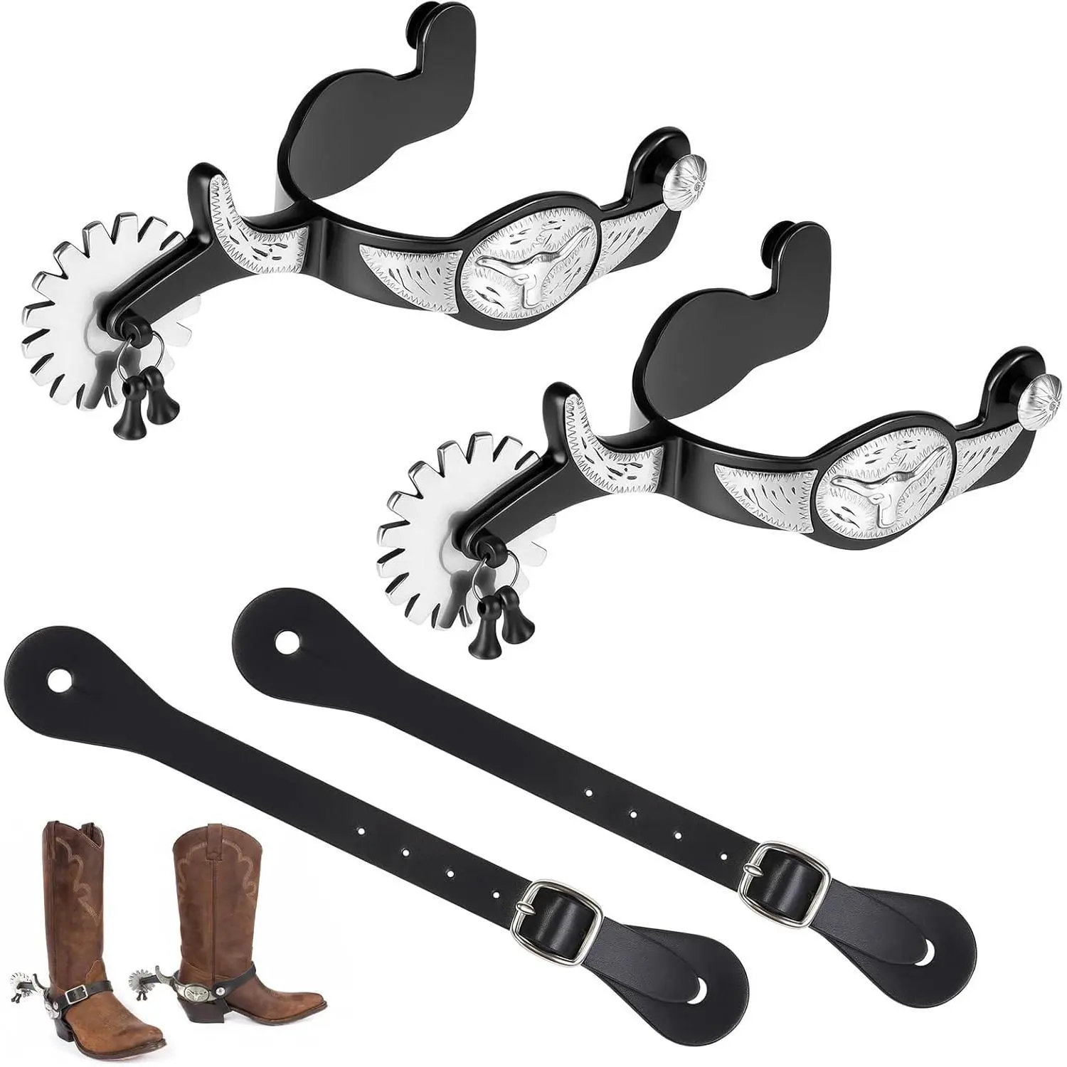 2 Pack Western Cowboy Spurs Paired with 2 Pcs 6 Holes Belt for Boot, English Horse Spur Strap with Rotatable Gear, Leather for Rodeo, Women Men Boot Equipment West Accessories