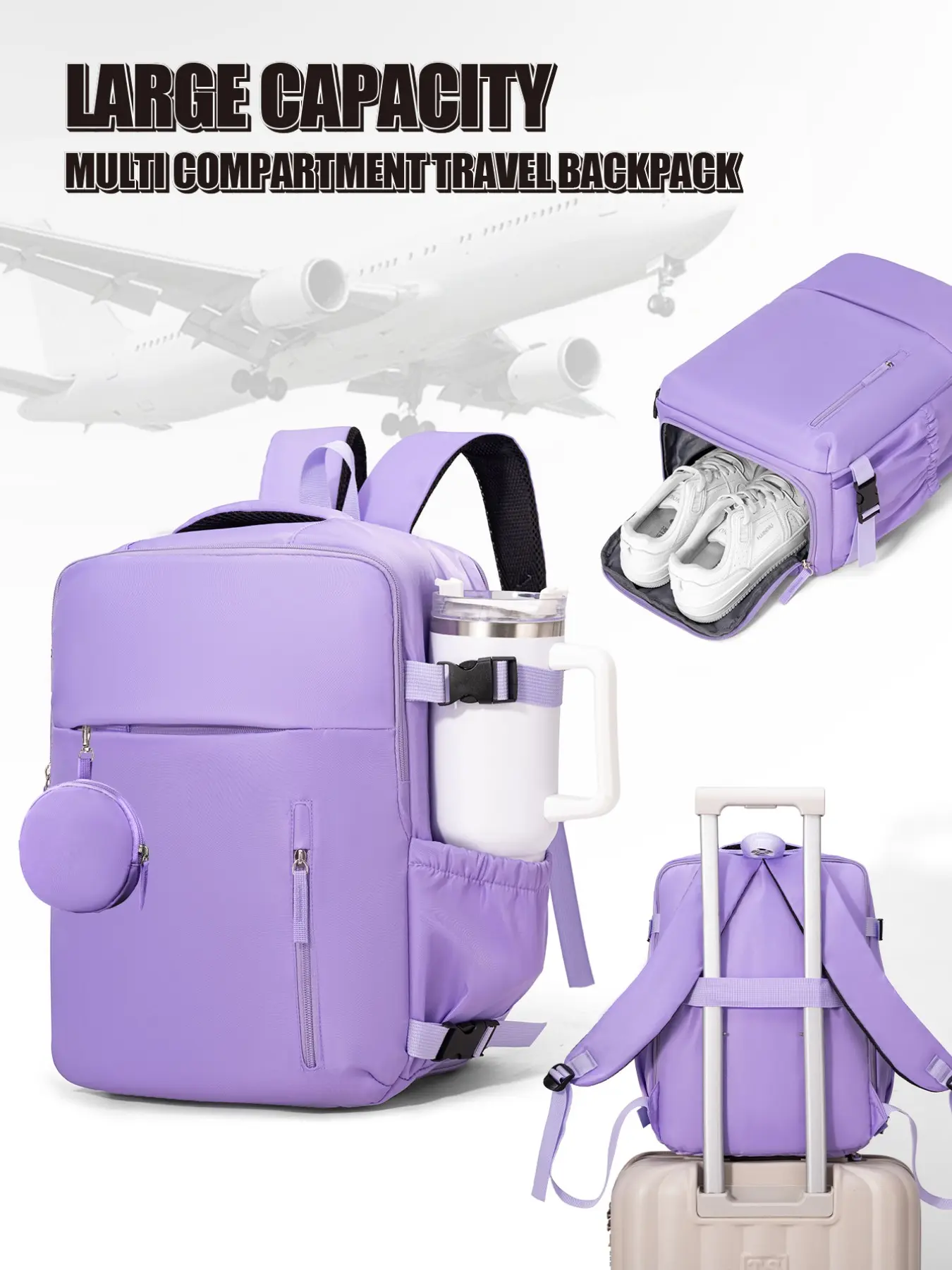 Travel Laptop Backpack, 40x30x20cm Business Travel Bag, Shoe Compartment, 180° Main Compartment, Solid Color, Casual, All Seasons