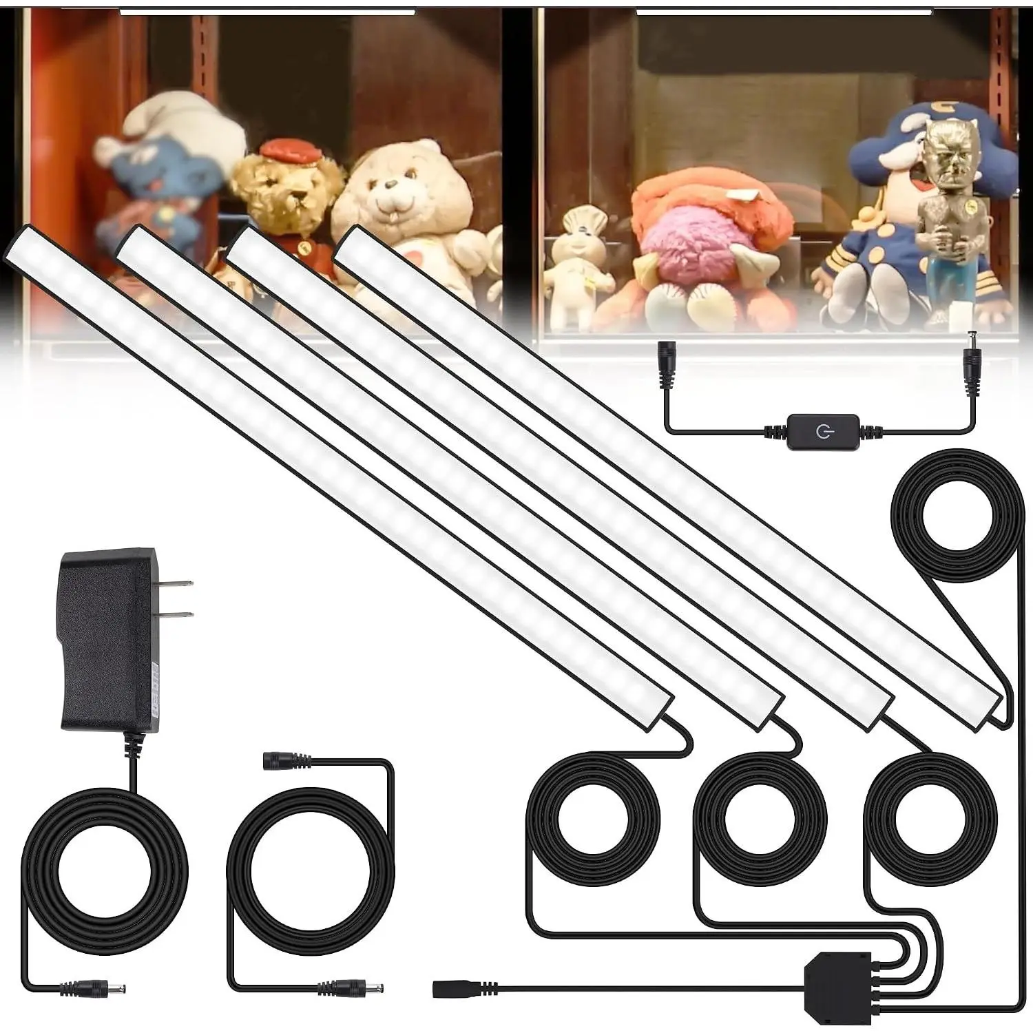 Display Cabinet Lights, LED Shelf Lighting with Memory Function, 4x12 Inch Black Display Case Lighting, Cold White 6000K, Ultra-Thin, Dimmable