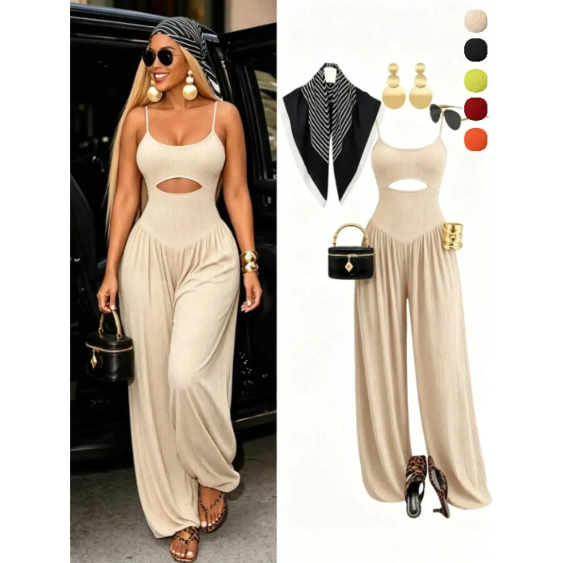 Women's Sports Jumpsuit - Halter Tops Design, Dressy Casual Solid Color, Hollow Out Cutout Waist, Tie Detail, Elastic Texture Fabric, Summer Loose Fit