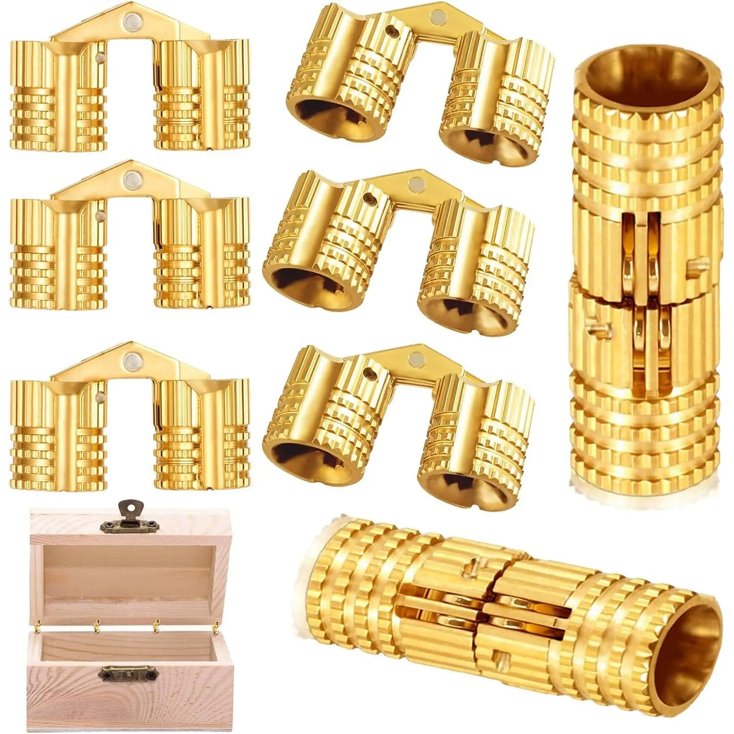 Brass Barrel Hinges, 8mm, 180  Opening Angle Concealed Furniture Hinges for DIY  Box Hand Craft, 8- Set with Screws, , 0.71 x 0.31 Inch