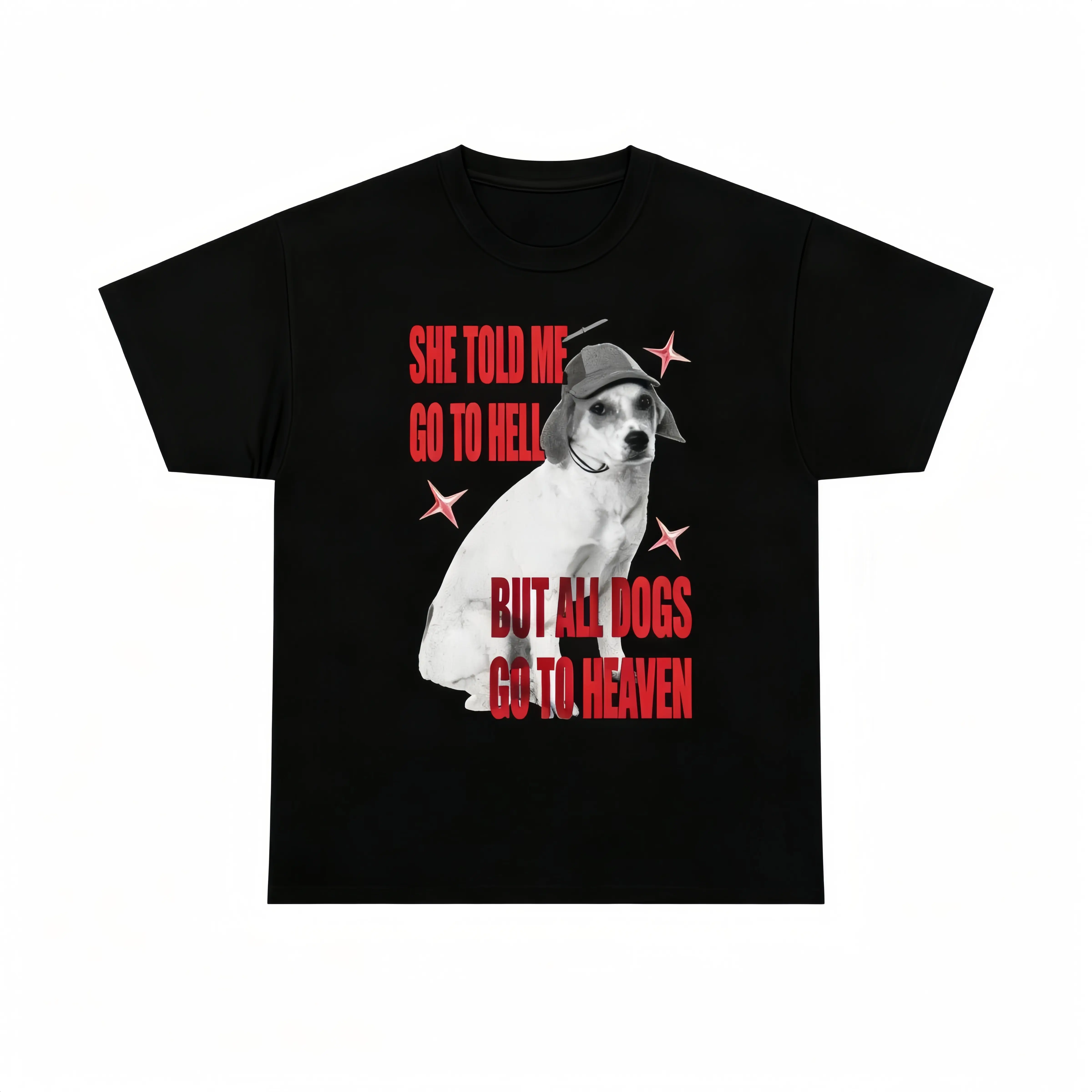 Men's Ultra-Soft Oversized Breathable Short-Sleeve Sports Tee - Gym Athletic Casual Tee with "She Told Me Go to Hell But All Dogs Go to Heaven" Print, True Size Uniform Vibe Graphic Streetwear, Day Wear Fabric, Outfit-Matching Menswear Top, Shortsleeve, T